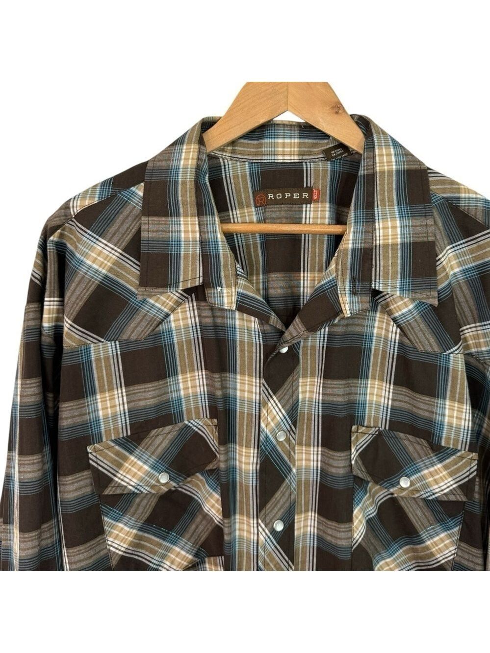 Roper Pearl Snap Plaid Shirt Mens 4XL Brown Blue Western Rodeo Cowboy EUC